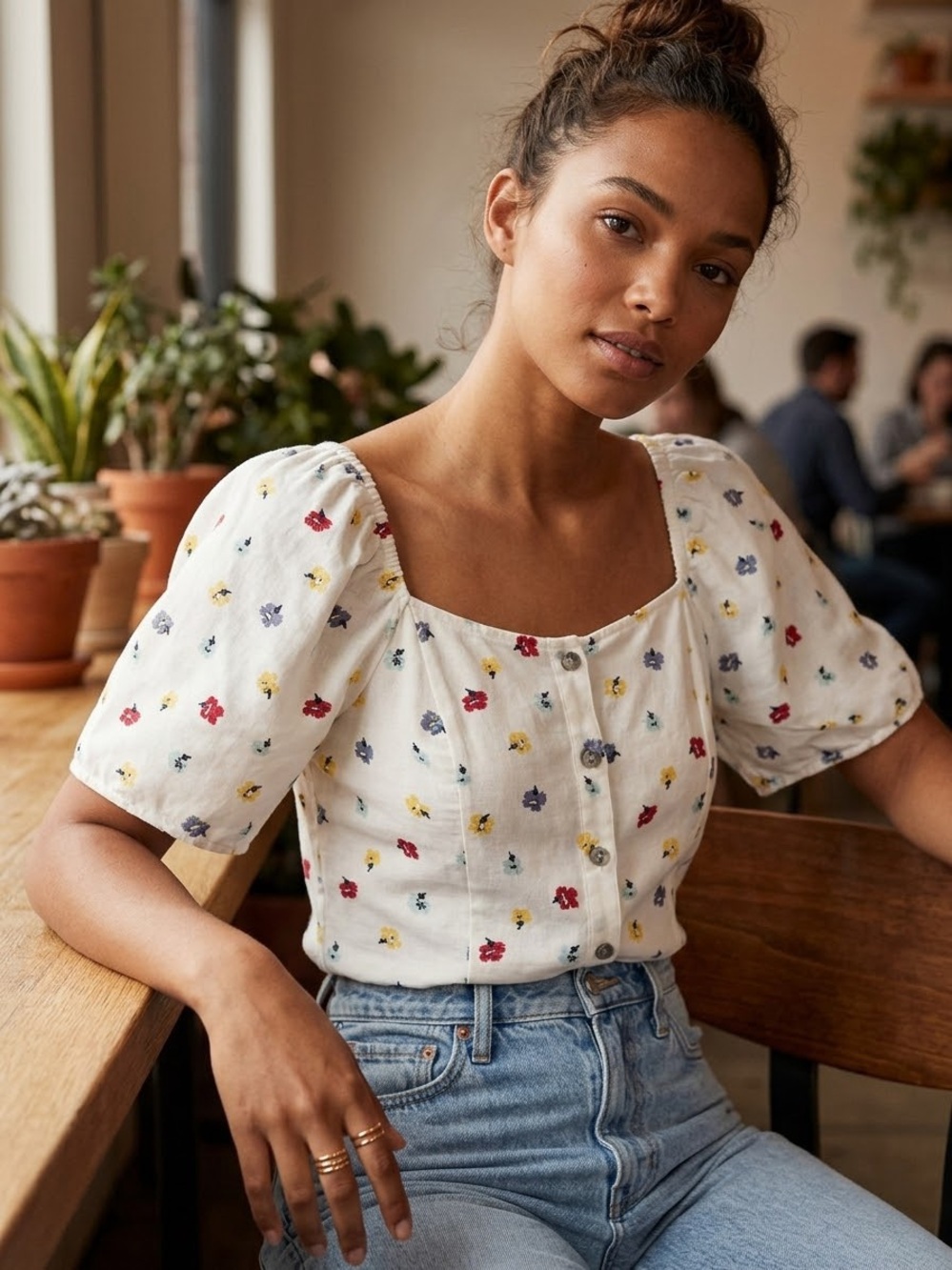 Madewell White Square-Neck Puff Sleeve Floral Button Top